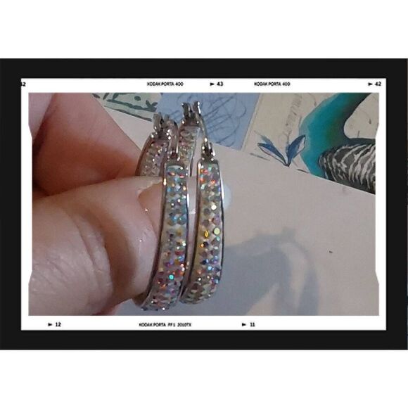 Gorgeous Oval Aurora Borealis Swarovski Crystal Inside Out Hoop Earrings - Picture 2 of 6